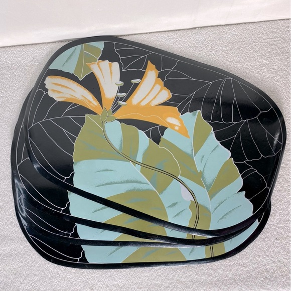 Vintage 90’s Black Green Orange Abstract Tropical Flower Print Placemats x4 - Picture 1 of 11